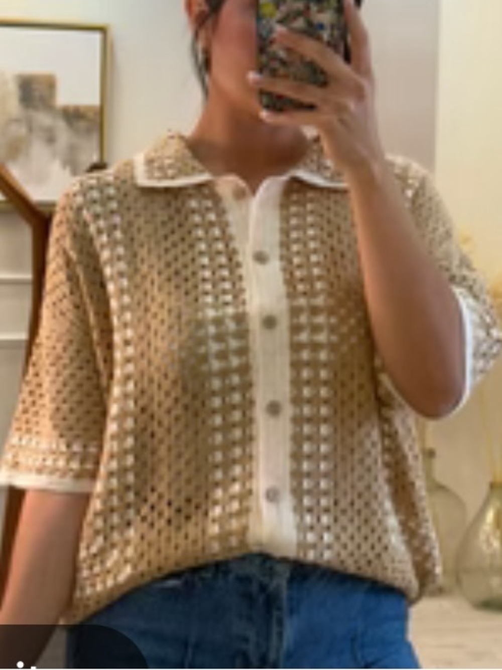 Vintage Knit Relaxed fit Short-Sleeve Collared Top - Tan & Cream. SU26